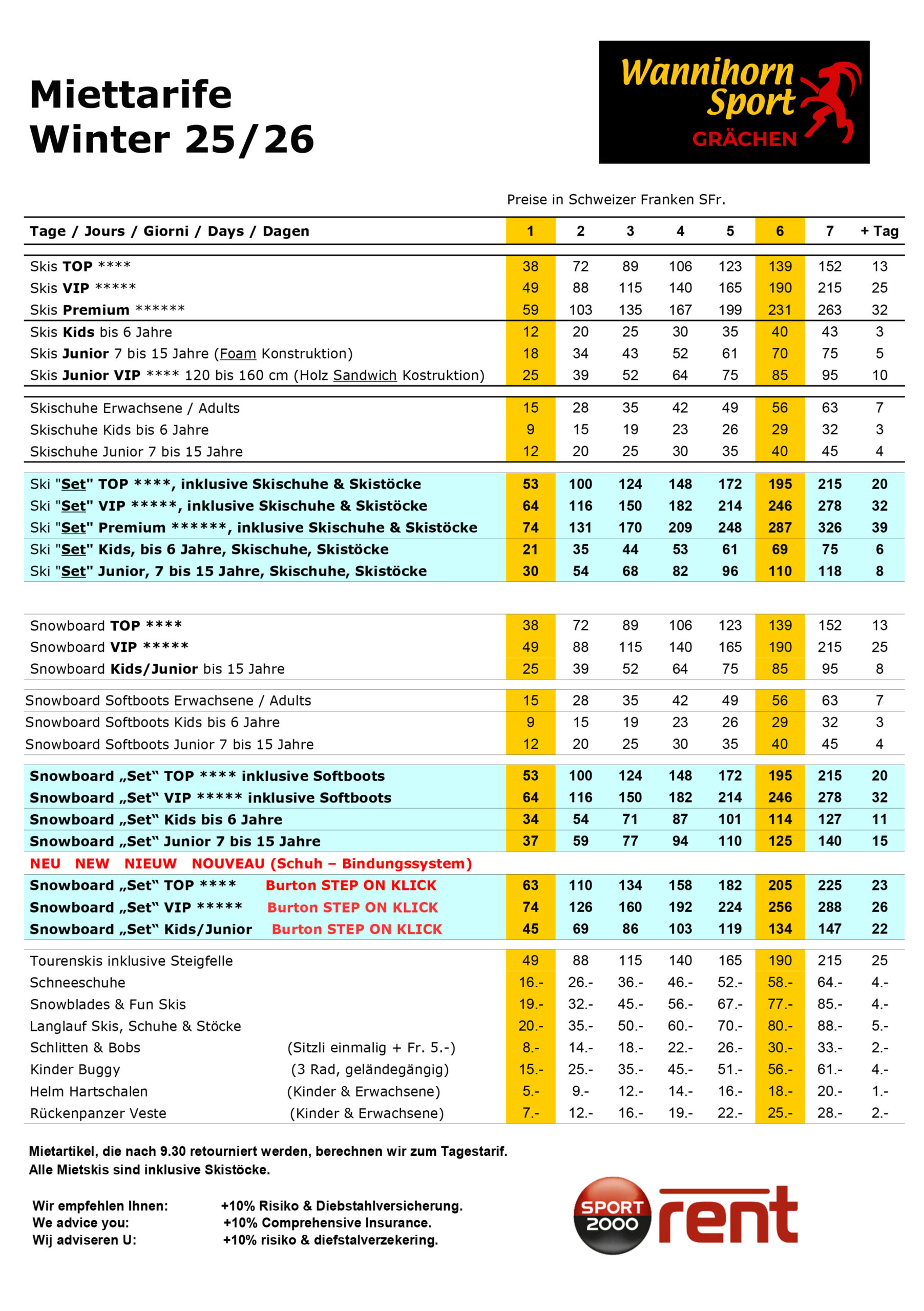 Miettarife Wannihorn Sport Winter 25/26